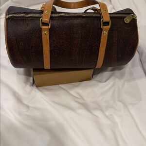 Etro Dark Brown Barrel Duffel with Tan Leather Trim